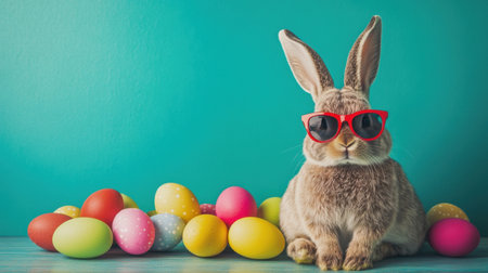 A charming rabbit with stylish sunglasses sits next to an array of colorful Easter eggs, creating a fun and festive atmosphere perfect for spring celebrations.の素材