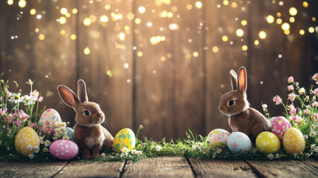 A charming Easter scene features two adorable rabbits surrounded by colorful eggs and flowers. The warm, wooden background adds a festive touch to this joyful spring setting.の素材