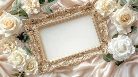 A vintage ornate frame rests elegantly on soft satin fabric, surrounded by delicate white roses. This setup creates a romantic and stylish backdrop for art or photography.の素材