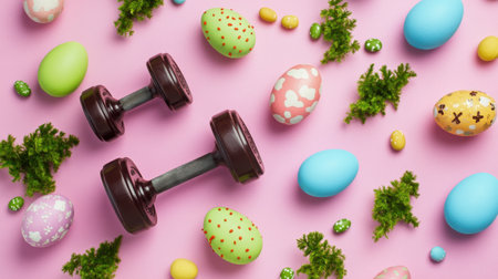 This vibrant composition features colorful Easter eggs and dumbbells on a pink background, blending festive decoration with fitness themes for a playful spring mood.の素材