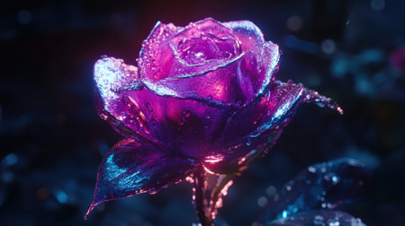 A mesmerizing close-up of a glowing rose adorned with water droplets, showcasing vibrant colors and ethereal highlights, perfect for nature and art themes.の素材