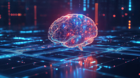 A vibrant digital brain surrounded by circuitry, showcasing the intersection of technology and artificial intelligence. Ideal for futuristic themes.の素材