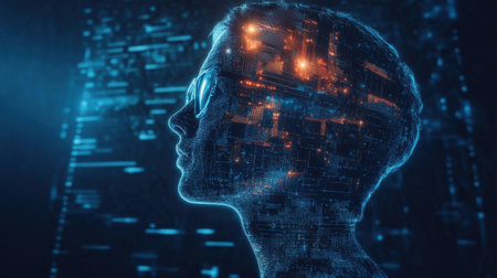 Artistic representation of a person's profile overlaid with a digital data structure, showcasing technology and innovation with glowing effects.の素材