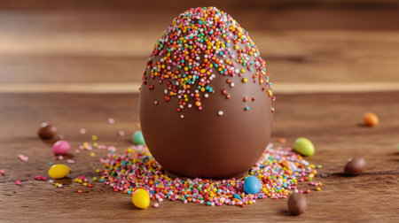 A delightful chocolate egg crowned with vibrant sprinkles sits on a wooden surface, surrounded by a sprinkle explosion. Perfect for festive celebrations and sweet treats.の素材