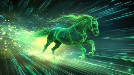 A stunning depiction of a horse in motion, surrounded by vibrant light trails and energy bursts, showcasing speed and beauty in a digital fantasy landscape.の素材