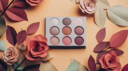 A beautifully arranged makeup palette featuring nine shades, surrounded by delicate paper flowers and leaves, creating a harmonious and elegant aesthetic, perfect for beauty enthusiasts.の素材