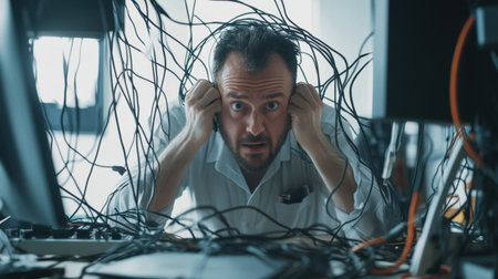 A frustrated IT technician sitting at a desk tangled in cables, struggling to troubleshoot malfunctioning equipment with a worried expression.の素材