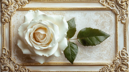 A stunning white rose elegantly positioned within a golden decorative frame. This image captures the beauty of nature, perfect for home decor or artistic projects.の素材