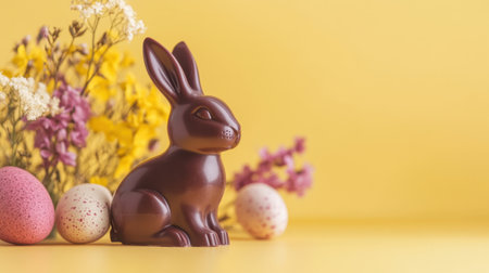 A delightful chocolate bunny sits among colorful Easter eggs and cheerful flowers, embodying the essence of spring and celebration. Perfect for festive decor.の素材