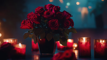 A stunning display of red roses in a stylish vase, surrounded by flickering candles. This romantic scene captures the essence of elegance and charm, perfect for special moments.の素材
