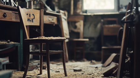 Explore a serene and nostalgic scene of an abandoned workshop featuring a dusty wooden chair amidst clutter. The atmosphere blends rustic charm with creative potential.の素材