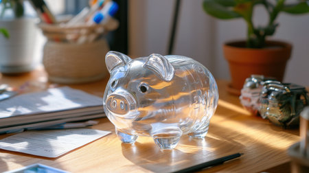 A clear piggy bank on a wooden table, surrounded by financial planning tools and motivational quotes.の素材