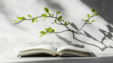 A minimalist scene showing a book with green tree branches growing, symbolizing learning, growth, and nature.の素材
