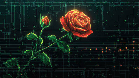 A glowing pixelated rose in vibrant red and green hues, set against a sleek black digital backdrop.の素材
