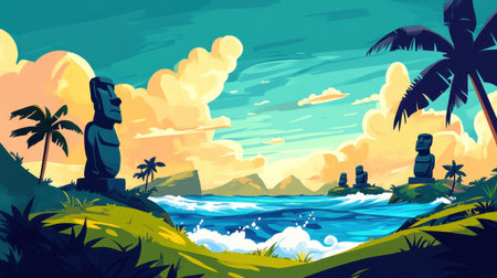 A cute, colorful cartoon landscape featuring moai statues, ocean waves, and tropical islands with simple, artistic details.の素材