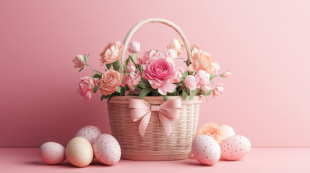 A beautiful spring floral arrangement featuring pink roses and delicate flowers in a wicker basket, surrounded by pastel-colored Easter eggs, perfect for festive celebrations.の素材