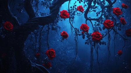 Capture the essence of tranquility in this enchanting forest scene featuring beautiful red roses against a dark blue backdrop. The moonlit atmosphere enhances the romantic and mystical quality.の素材