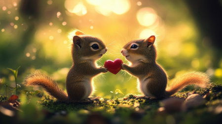 Two cute squirrels exchanging a heart symbol in a sunlit forest create a heartwarming scene of love and affection in a natural setting.の素材