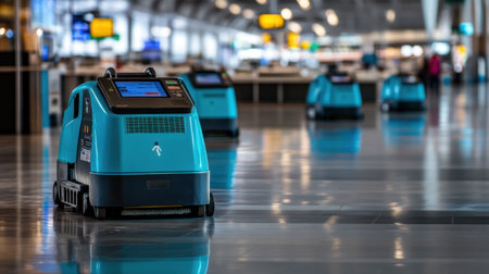 This image showcases autonomous cleaning robots working efficiently in a modern airport terminal. The sleek design emphasizes innovation and hygiene in busy travel spaces.の素材