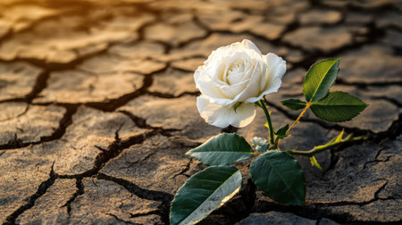 A solitary white rose emerges from cracked dry soil, symbolizing hope and resilience. This striking image captures the beauty of nature amidst adversity.の素材