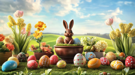 A delightful scene featuring a chocolate bunny among vibrant Easter eggs and blooming flowers in a scenic outdoor setting, perfect for spring celebrations.の素材