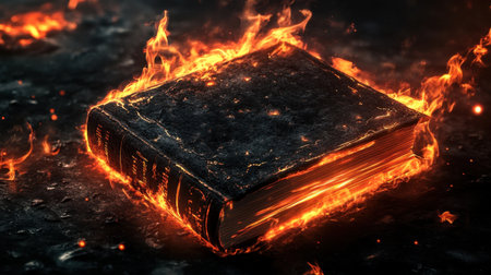 A charred, burning book with glowing embers and intense flames in the background, symbolizing destruction and mystery.の素材