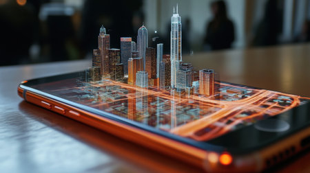 A holographic map displayed on a smartphone, seamlessly blending digital visualization with a cityscapeの素材