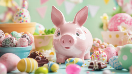 A playful Easter scene featuring a piggy bank, a cute bunny figurine, and colorful chocolates on a festive backdrop.の素材