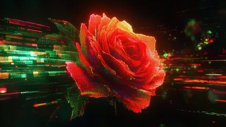 A glowing pixelated rose in vibrant red and green hues, set against a sleek black digital backdrop.の素材