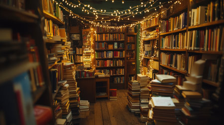 A softly lit bookstore corner with string light reflections, warm tones, and stacks of books on rustic wood.の素材