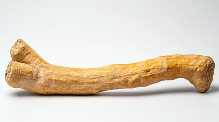 A single ashwagandha root with clear visible texture and natural curves, isolated on white with soft lighting.の素材