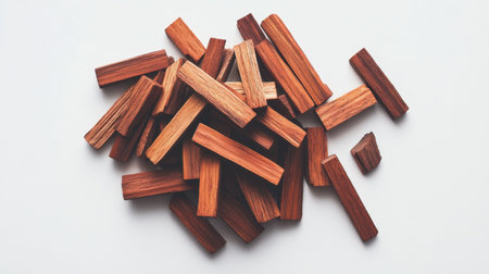 A minimalist photo showcasing sandalwood chips on white, emphasizing their rustic charm and natural appeal.の素材
