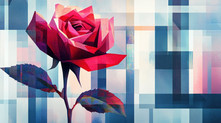 A vivid pixel-art rose in full bloom, standing out on a geometric, tech-themed background.の素材