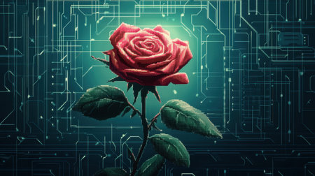 A vivid pixel-art rose in full bloom, standing out on a geometric, tech-themed background.の素材