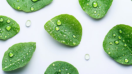 Close-up image of green gotu kola leaves with natural dew on their surface, isolated on a clean white background.の素材