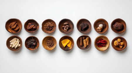 A variety of adaptogenic mushrooms, including reishi, chaga, and cordyceps, artfully arranged on white with ample copy space.の素材