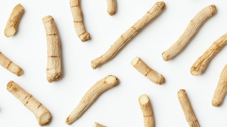 An artistic flat-lay of ashwagandha roots on white background, highlighting its organic, earthy texture.の素材