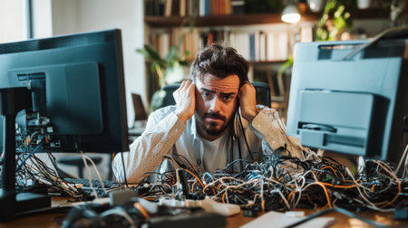 An IT worker with a stressed look troubleshooting a desk full of tangled wires, broken monitors, and malfunctioning devices.の素材