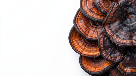Close-up of adaptogenic mushrooms like reishi and cordyceps, isolated on a white background with space for product placement.の素材
