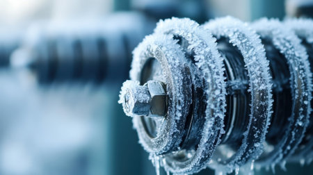 Close-up of ice buildup on evaporator coils caused by low refrigerant levels, highlighting frost patterns and technical HVAC issues.の素材