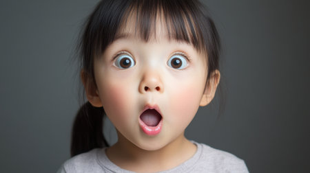 Close-up of a young Asian child looking wide-eyed and amazed, evoking curiosity, innocence, and emotion with a neutral backdrop.の素材