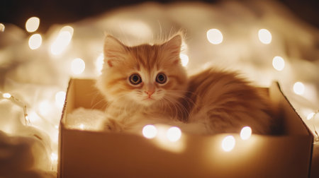 Cute and fluffy kitten energetically playing in a cozy cardboard box with a joyful expression and bright lighting.の素材