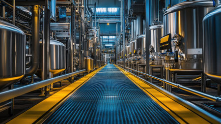 Frontal view of a pristine production floor in a state-of-the-art facility, showcasing efficiency and innovation.の素材