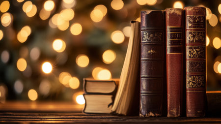 Close-up of vintage books with glowing string light bokeh, warm brown hues setting a nostalgic ambiance.の素材