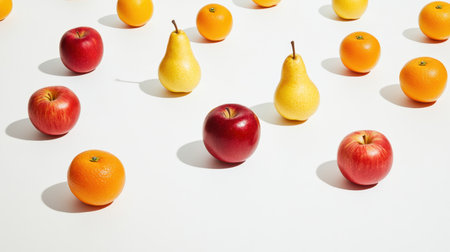 Close-up shot of vibrant red apples, golden pears, and bright oranges with firm, smooth skin on a clean white background.の素材