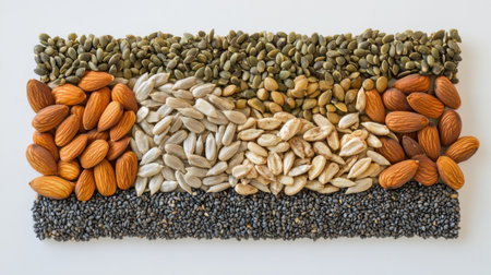 Elegant display of assorted nuts and seeds, including walnuts, almonds, sunflower seeds, and pumpkin seeds, set against white.の素材