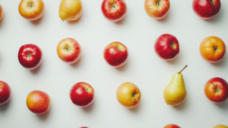 Close-up shot of vibrant red apples, golden pears, and bright oranges with firm, smooth skin on a clean white background.の素材