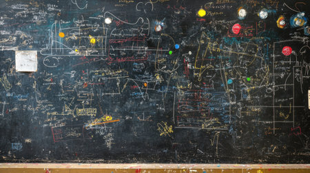A chaotic blackboard filled with colorful notes, diagrams, and formulas, showcasing a blend of creativity and intellect in an educational environment.の素材