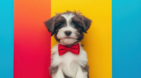 An adorable puppy with a red bow tie sits against a vibrant colorful background, radiating joy and cuteness. Perfect for pet-themed projects!の素材
