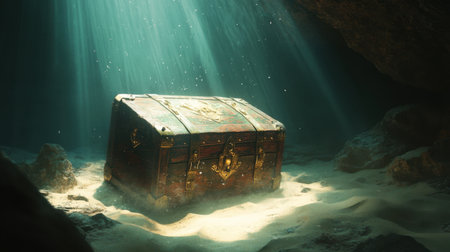 A vintage treasure chest illuminated by rays of sunlight, resting on the ocean floor within a cave setting, evokes feelings of mystery and adventure beneath the waves.の素材